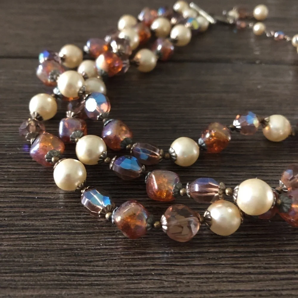 Vintage brown glass beaded layered choker necklace